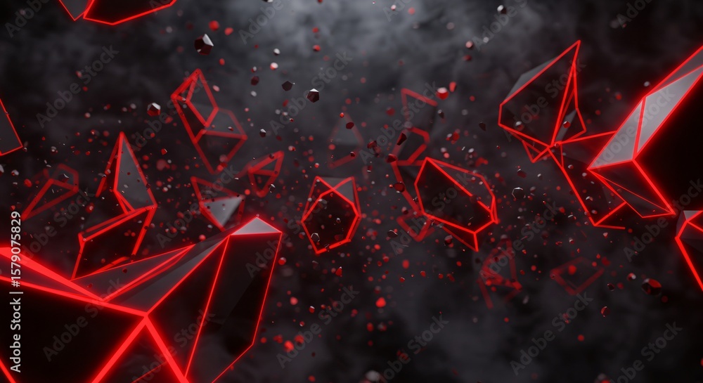 Poster abstract geometric shapes with red outlines floating in a dark smoky environment design