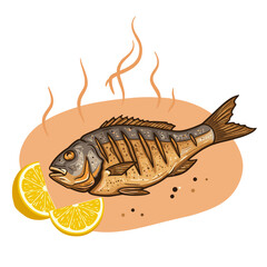 Grilled fish with lemon wedges and smoke accents, warm earthy tones, flat vector illustration, bold graphic style, culinary food art on white background