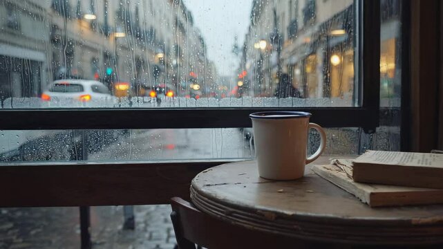 The perfect rainy day: enjoying a warm beverage and reading a book in a romantic cafe while watching the rain outside