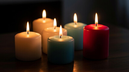 Five lit candles in various colors on a dark surface png