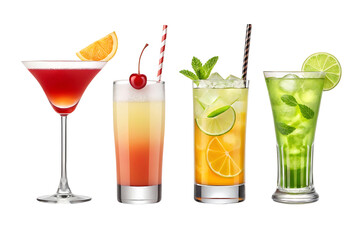 Four refreshing cocktails with fruit and garnishes isolated on transparent background