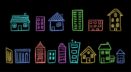 Set of pastel buildings for children, featuring wax and charcoal squiggle textures. Ideal for ecology, kindergarten, school, or neighborhood-themed art projects. Vector crayon drawn illustration