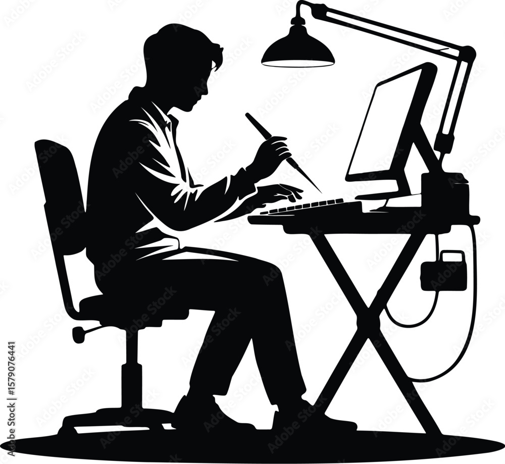 Poster man working on computer at desk with lamp silhouette isolated on transparent background