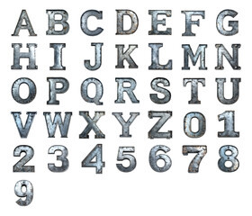 3D numbers and letters text made of steel isolated on a white transparent background