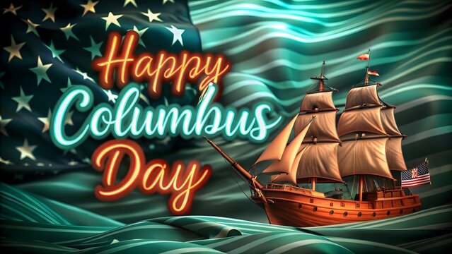 Happy Columbus Day: A majestic sailing ship on a teal ocean background with a waving American flag