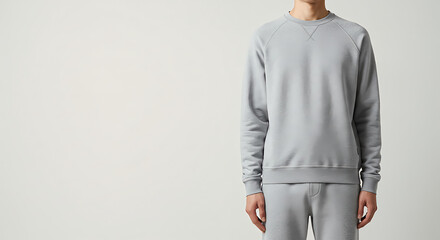 A person wearing a grey sweatshirt and matching sweatpants, posing.