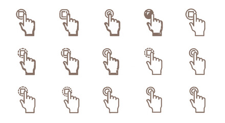 A collection of fifteen simple hand gesture icons depicting various touchscreen interactions.