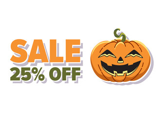 Cheerful Halloween pumpkin with a sale sign showcasing 25 percent off for festive shopping promotions.