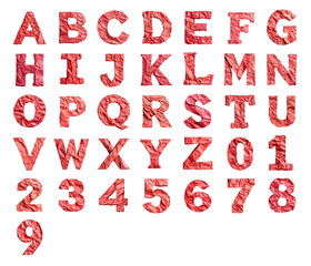 3D numbers and letters text made of red Origami paper isolated on a white transparent background