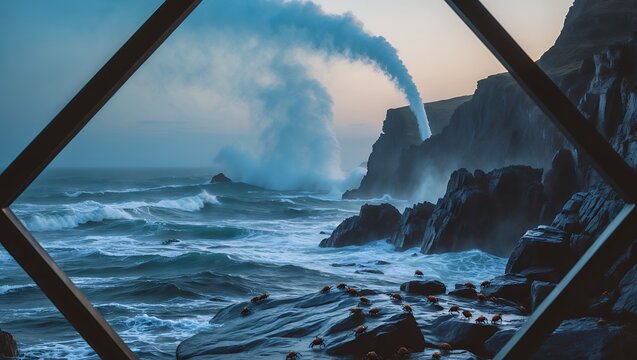Ocean waves crash on cliffs with crab infestation