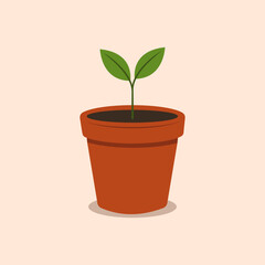 Illustration of a young plant sprouting from rich soil in a terracotta pot