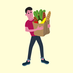 Man Holding Grocery Bag with Fresh Produce