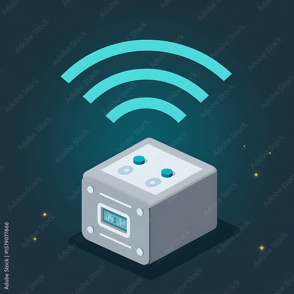 Poster iot sensor small device emitting data waves, industrial design, graycyan.