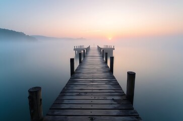 Obraz premium Peaceful Sunrise Wooden Dock Calm Lake Horizon ai generated