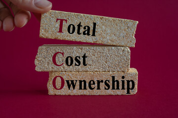 Brick blocks with the acronym TCO-Total Cost of Ownership. Beautiful red background. Businessman...