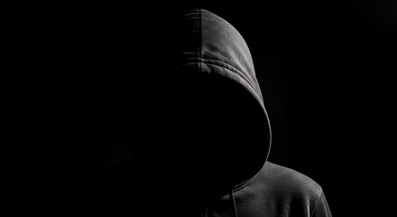 Fototapeta premium Person in a hoodie with face obscured by shadow, creating a mysterious and anonymous figure.