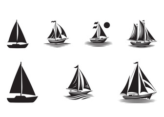 Sail boat logo silhouette vector design, sail boat logo icon silhouette, sailboat sailing ship logo vector illustration, sailboat and sailing ship vector silhouette logo design on white background
