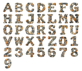 3D numbers and letters text made of Rocks isolated on a white transparent background