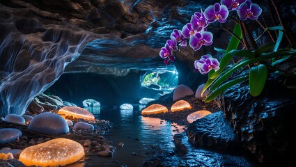 Cave with River and Orchid Plant