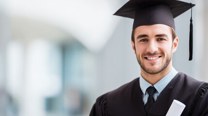 A smiling young man in a graduation cap and gown holds a diploma, symbolizing academic achievement and celebration.