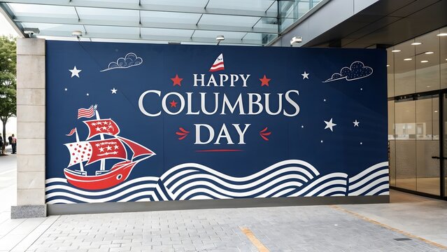 Happy Columbus Day Celebrated on a Large Billboard Outside a Modern Building