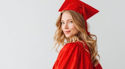 A young woman with blonde hair wears a red graduation cap and gown, smiling confidently against a plain white background.