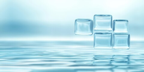 Economy block tax concept. Translucent ice cubes resting on a calm water surface with a soft blue background.