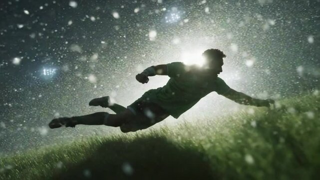 Goalkeeper's Daring Dive Under Stadium Lights