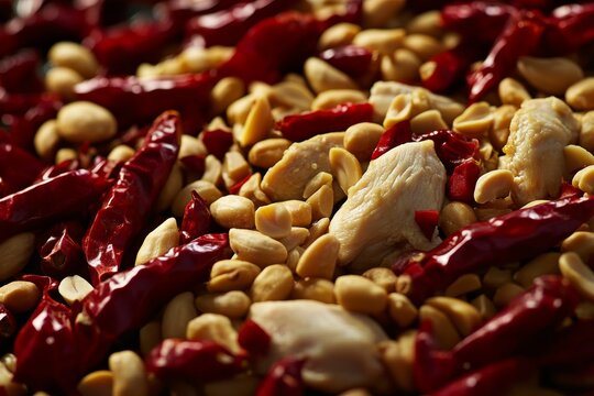 spicy kung pao chicken cooking motion shot with rising steam and flying ingredients