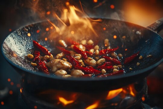 spicy kung pao chicken cooking motion shot with rising steam and flying ingredients