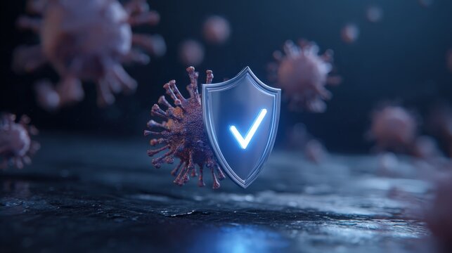 A glowing shield with a checkmark protects against virus particles, symbolizing immunity or health protection in a dark, futuristic setting. - Powered by Adobe