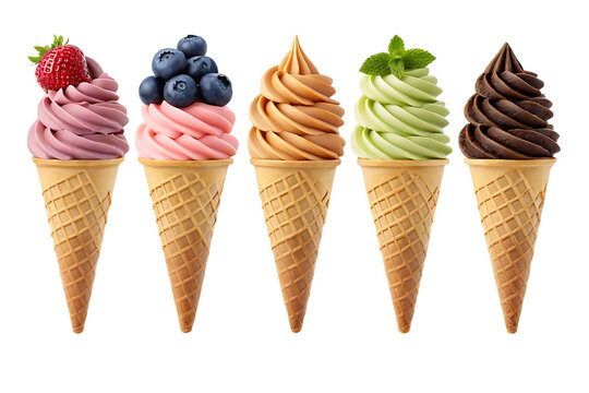 Assortment of five soft serve ice cream cones with toppings isolated on transparent background