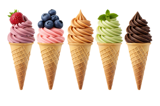 Assortment of five soft serve ice cream cones with toppings isolated on transparent background