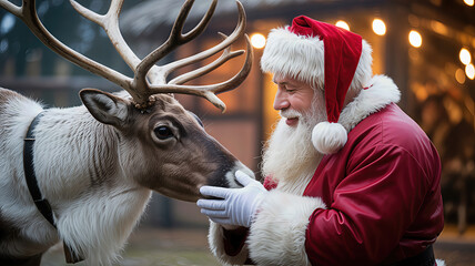 Close-up of Santa Claus Tenderly Petting a Reindeer, Heartwarming Christmas Holiday Scene with Bokeh Lights