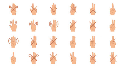 A collection of diverse hand gestures, illustrated as simple icons, showing various signals and symbols.
