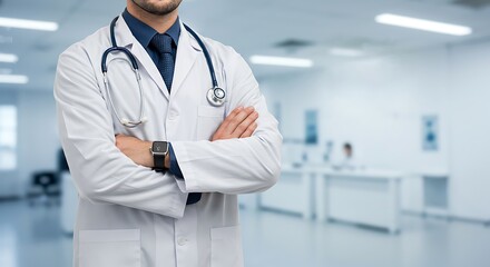 Confident Doctor with Arms Crossed in Hospital Setting Healthcare Professional with Stethoscope and Lab Coat
