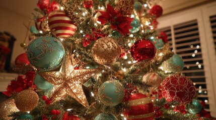 A close-up of a Christmas tree adorned with glowing lights and ornaments in red, gold, and teal, creating a festive and warm holiday atmosphere.