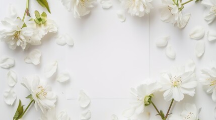 A circle of pure white flowers encircles a blank white sheet, weaving a stunning backdrop of ethereal beauty. Each bloom, with petals like snowflakes kissed by soft light, forms a seamless ring around