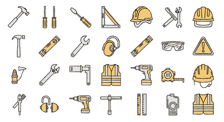 Collection of various construction tools, safety gear, and equipment icons.