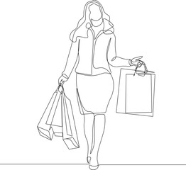 Woman Walking After Shopping. Continuous Line Art of Stylish Female Carrying Bags Isolated on White Background