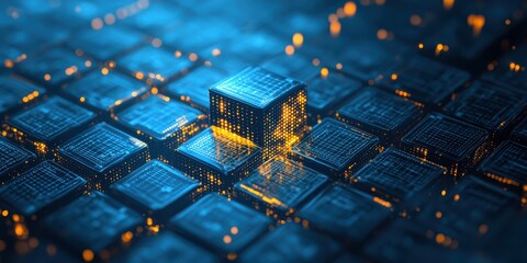 Economy block tax concept. Futuristic digital landscape with glowing blocks and intricate patterns.