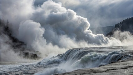 Obraz premium A powerful waterfall cascades amid dense mist and clouds, creating a dramatic and dynamic natural scene with turbulent water and rugged terrain.
