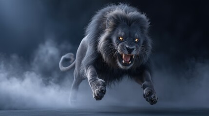 A fierce black lion with glowing eyes leaps forward aggressively through dark mist and fog, ready to attack