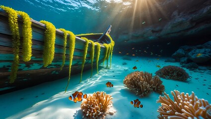 Sunken boat and clownfish in ocean with vibrant coral reef