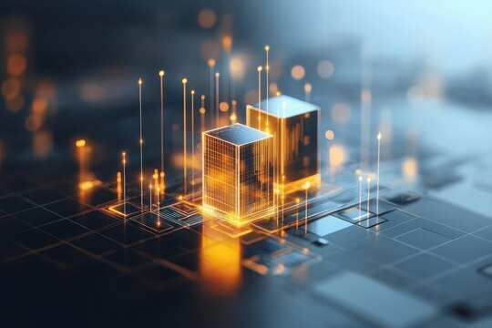 Economy block tax concept. Digital cityscape with glowing skyscrapers and circuit-like patterns.