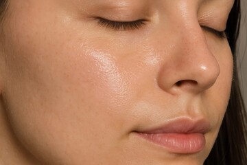 Fototapeta premium Close-up of smooth, glowing, hydrated female skin with visible pores and natural texture. Healthy skincare result with radiant shine and even complexion.
