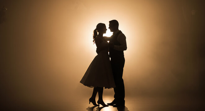Silhouetted couple embracing tenderly, bathed in warm light, romantic moment captured. - Powered by Adobe