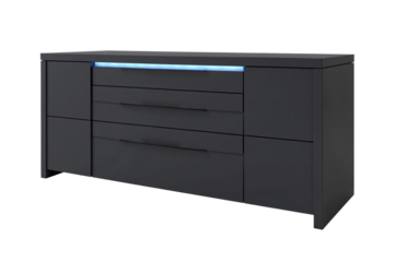 sleek, contemporary black sideboard featuring a minimalist design with two spacious drawers and subtle blue LED accent lighting. This modern storage cabinet furniture is isolated