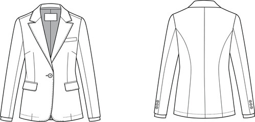 Women’s blazer jacket flat sketch, front and back view, tailored coat vector illustration, fashion technical drawing, formal outfit design
