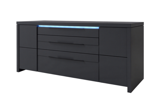 sleek, contemporary black sideboard featuring a minimalist design with two spacious drawers and subtle blue LED accent lighting. This modern storage cabinet furniture is isolated - Powered by Adobe